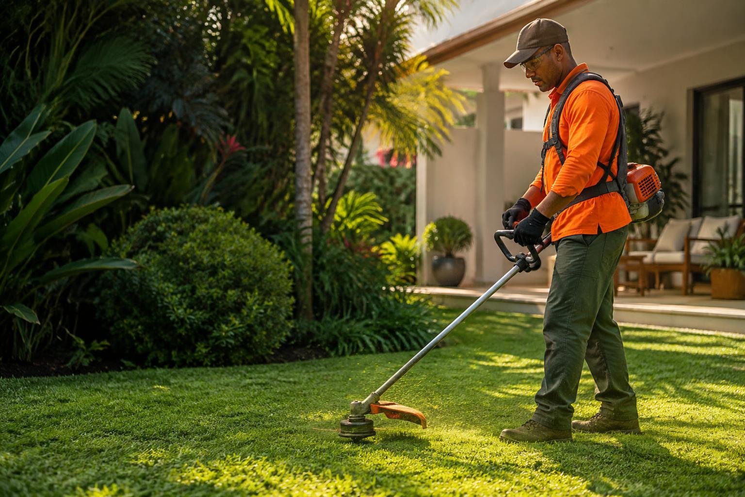 Profissional cuidando de um jardim residencial